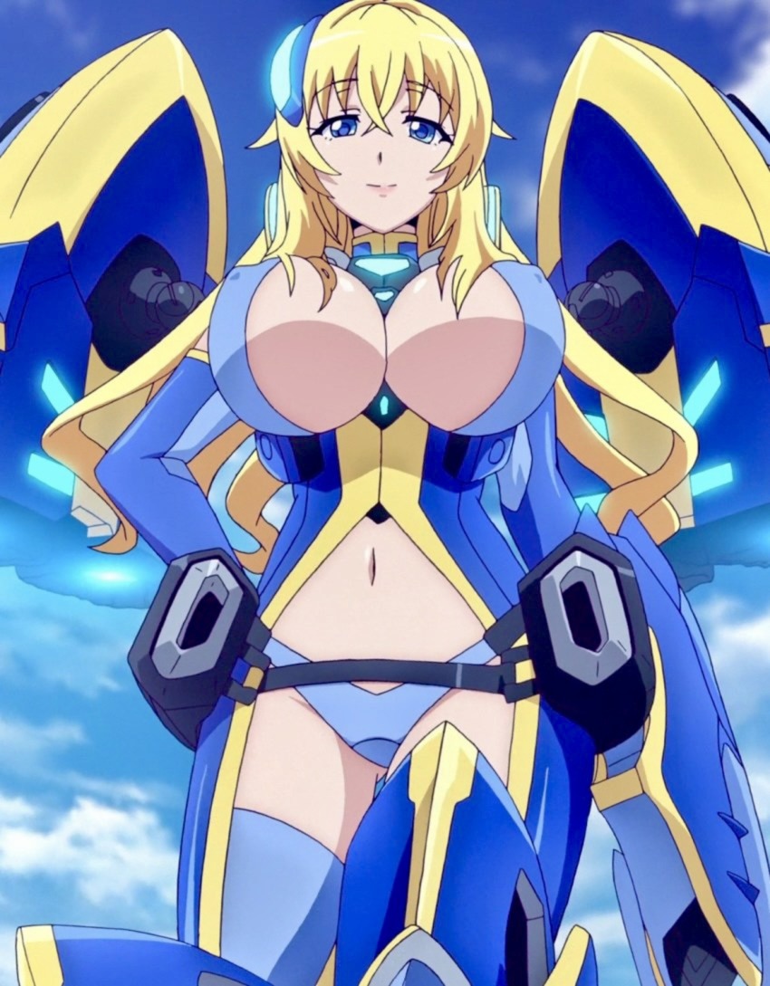 1girl absurdres anime_screenshot blonde_hair blue_eyes breasts cleavage hand_on_own_hip highres large_breasts legs long_hair looking_at_viewer masou_gakuen_hxh mecha_musume miyai_kana smile solo stitched thighs third-party_edit yurishia_farandole