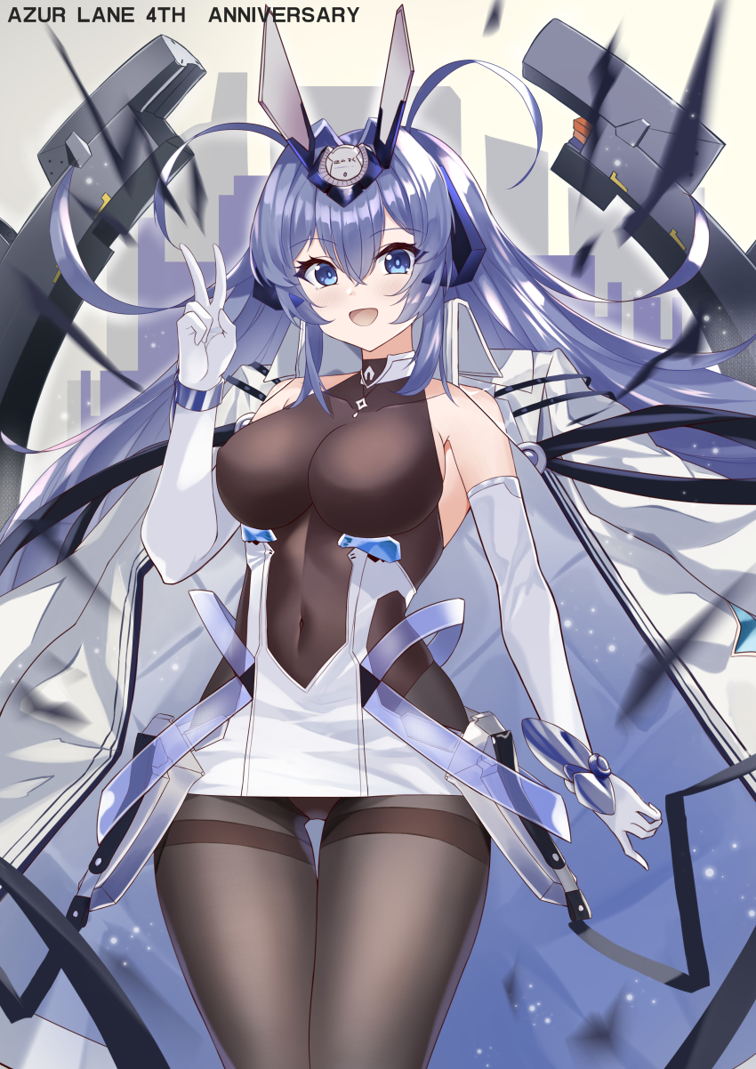 1girl :d absurdres anniversary armpit_crease azur_lane bare_shoulders black_leotard black_pantyhose blue_eyes blue_hair breasts chinese_commentary clothing_cutout coat coat_on_shoulders commentary_request covered_collarbone covered_navel cowboy_shot dress elbow_gloves floating_hair gloves hair_between_eyes hair_intakes hand_up headgear highres jie_xian_(tsuki) large_breasts leotard long_hair looking_at_viewer new_jersey_(azur_lane) open_mouth pantyhose partial_commentary side_cutout sidelocks simple_background smile solo standing thigh_gap thighband_pantyhose v very_long_hair white_background white_coat white_dress white_gloves