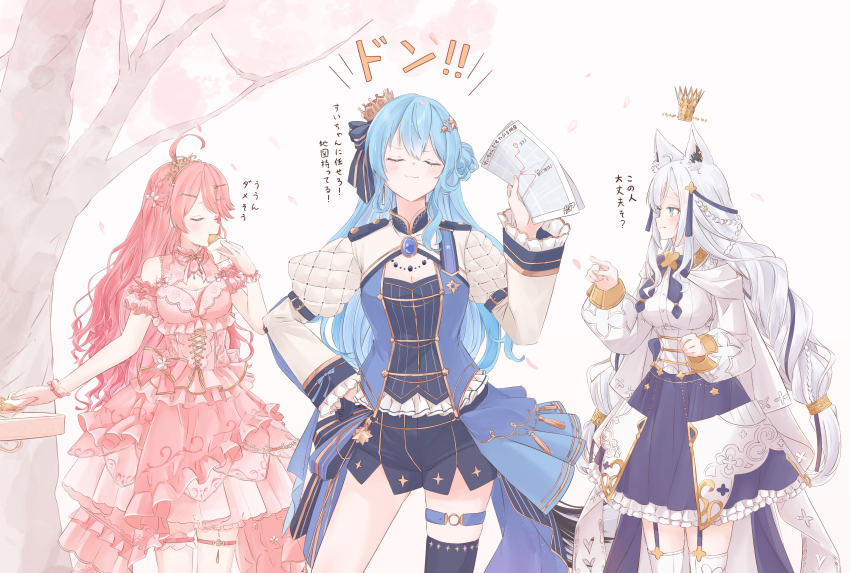 3girls :3 absurdres ahoge animal_ear_fluff animal_ear_piercing animal_ears aqua_eyes blue_brooch blue_eyes blue_hair blue_ribbon blue_shorts blue_skirt blue_vest blush boots bow braid breasts brooch chamomile_(kazumasa) cherry_blossoms choker cleavage cleavage_cutout clenched_hand closed_eyes clothing_cutout crown detached_sleeves dress earrings eating falling_petals feet_out_of_frame floating_crown flower food fox_ears fox_girl fox_tail frilled_choker frilled_dress frilled_gloves frilled_shirt frilled_skirt frilled_sleeves frills gloves gold_trim hair_bun hair_flower hair_ornament hair_ribbon hairclip hand_on_own_hip hand_up highres holding holding_food holding_map holding_paper hololive hoshimachi_suisei hoshimachi_suisei_(stellar_into_the_galaxy) jewelry juliet_sleeves large_breasts layered_dress long_hair long_sleeves map medium_breasts mini_crown multiple_girls notice_lines o-ring o-ring_thigh_strap official_alternate_costume paper petals pink_bow pink_dress pink_hair pointing pointing_at_another puffy_long_sleeves puffy_sleeves ribbon sakura_miko sakura_miko_(flower_fantasista!) shirakami_fubuki shirakami_fubuki_(saint) shirt short_shorts short_sleeves shorts single_hair_bun skirt sleeve_cuffs small_breasts smile smug standing star_(symbol) star_hair_ornament tail taiyaki thigh_strap tiara tilted_headwear tree very_long_hair vest virtual_youtuber wagashi white_gloves white_hair white_shirt