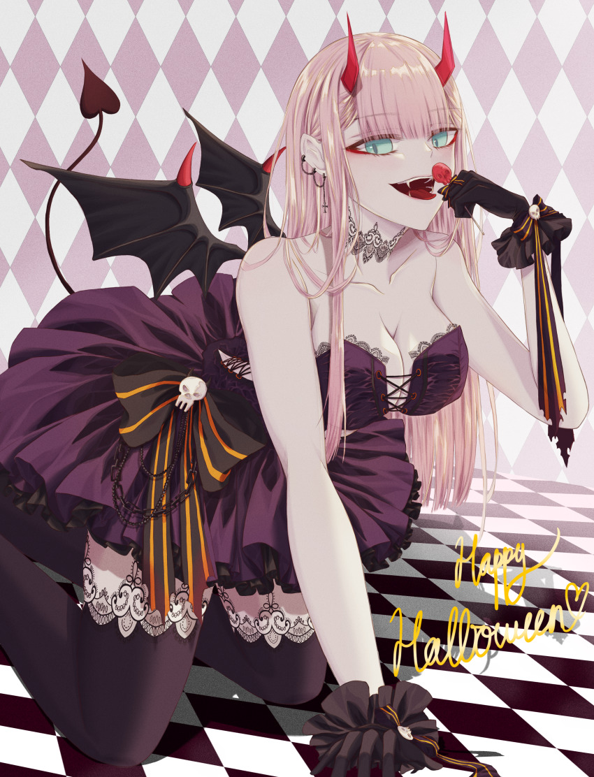 1girl absurdres bare_shoulders bat_wings black_pantyhose black_thighhighs blue_eyes breasts cleavage darling_in_the_franxx dress fushiginek0 halloween halloween_costume highres horn_ornament horns huge_filesize medium_breasts pantyhose pink_hair purple_dress purple_skirt skirt tail tail_ornament thighhighs tongue tongue_out wings zero_two_(darling_in_the_franxx) zero_two_(kirby)