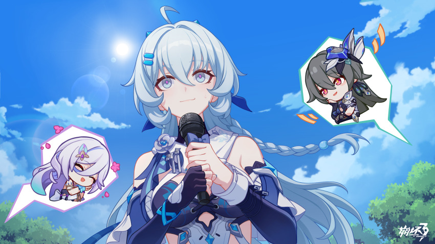 3girls blue_eyes blue_gloves blue_hair blue_sky blue_sleeves braid chibi closed_mouth cloud cloudy_sky detached_sleeves elbow_gloves fingerless_gloves floating_hair game_cg gloves highres holding holding_microphone honkai_(series) honkai_impact_3rd long_hair long_sleeves microphone misteln_schariac multiple_girls official_art outdoors pink_pupils shigure_kira single_elbow_glove single_sleeve sky smile vita_(honkai_impact) vita_(lone_planetfarer)_(honkai_impact)