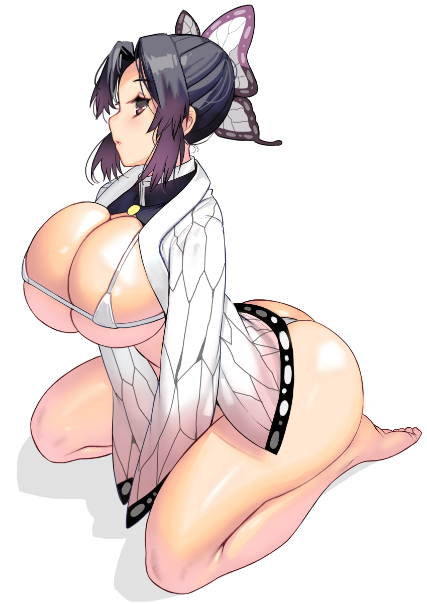 1girl absurdres adapted_costume alternate_breast_size animal_print ass barefoot bikini black_hair breasts butterfly_hair_ornament butterfly_print cleavage curvy hair_ornament hair_pulled_back haori highres huge_breasts japanese_clothes kimetsu_no_yaiba kneeling kochou_shinobu kouno_(masao) micro_bikini short_hair soles solo swimsuit thong_bikini toes underboob v_arms white_bikini