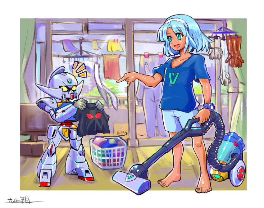 1boy aqua_eyes barefoot bob_cut crossover dark_skin drying drying_clothes gundam harry_ord highres holding holding_unworn_clothes holding_shirt holding_unworn_clothes loran_cehack mecha medarot oomasa_teikoku pointing robot shirt turn_a_gundam turn_a_gundam_(mobile_suit) vacuum_cleaner white_hair