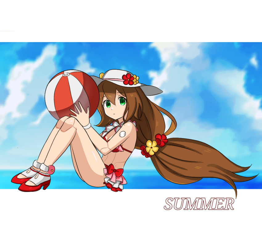 1girl 398sky ball beachball brown_hair cloud cloudy_sky expressionless full_body green_eyes hair_between_eyes hat holding holding_ball holding_beachball iris_(mega_man) letterboxed long_hair looking_at_viewer low-tied_long_hair mega_man_(series) mega_man_x_(series) mega_man_x_dive official_alternate_costume outside_border robot robot_girl sky solo sun_hat swimsuit very_long_hair