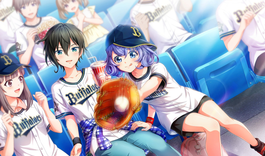 ;q asada_aoi ball baseball_(object) baseball_cap baseball_glove baseball_stadium baseball_uniform bendy_straw black_hair black_shorts blue_eyes blue_hat blue_jacket brown_hair brown_socks catching cinderella_series clenched_hands clothes_around_waist collarbone collared_shirt commentary_request cup curly_hair disposable_cup drinking_straw dutch_angle film_grain game_cg green_eyes green_shorts hachigatsu_no_cinderella_nine hair_between_eyes hat highres holding holding_cup jacket jacket_around_waist lens_flare light_particles looking_at_object motion_blur multiple_girls non-web_source official_art one_eye_closed open_mouth pink_bag pink_shirt plaid_clothes plaid_jacket purple_hair shirt shirt_under_shirt short_hair short_sleeves shorts sitting smile socks speed_lines sportswear sun tongue tongue_out tsukumo_kana white_shirt