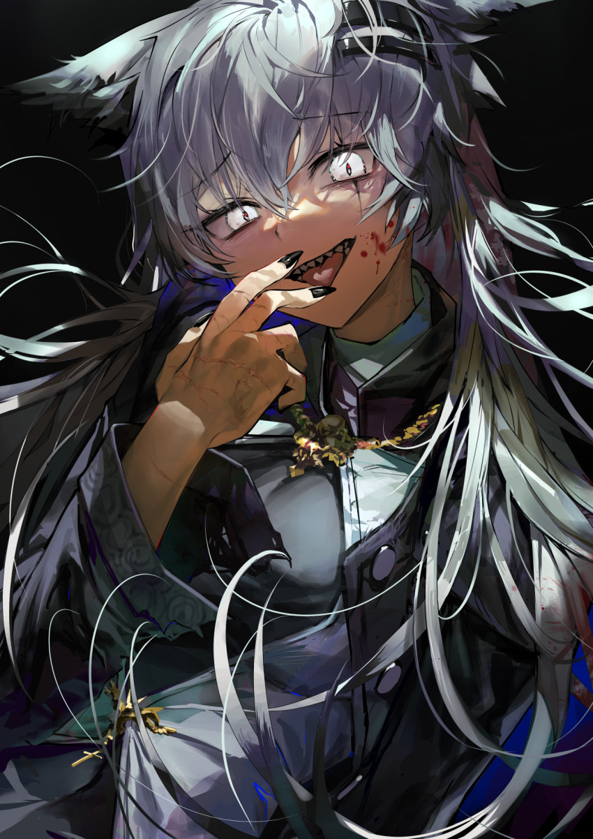 1girl a0lp animal_ears arknights black_background black_jacket black_nails blood blood_on_face cross fingernails grey_hair hair_between_eyes hand_up highres jacket lappland_(arknights) latin_cross long_fingernails long_hair long_sleeves looking_at_viewer nail_polish open_mouth scar scar_across_eye scar_on_hand sharp_teeth simple_background slit_pupils smile solo teeth tongue tongue_out upper_body white_eyes wolf_ears wolf_girl