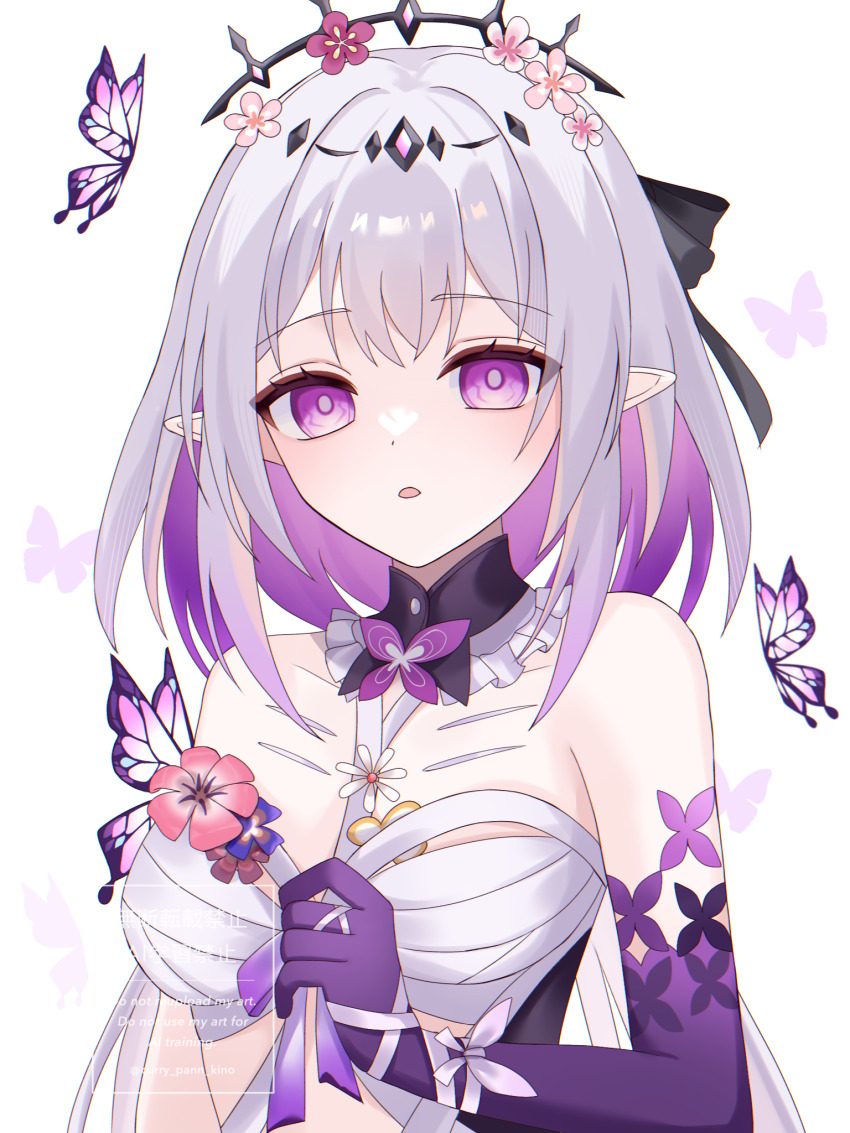 1girl bug butterfly castorice_(honkai:_star_rail) colored_inner_hair commentary_request flower grey_hair highres honkai:_star_rail honkai_(series) insect kino_(curry_pan) multicolored_hair open_mouth pointy_ears purple_butterfly purple_eyes purple_hair simple_background solo two-tone_hair upper_body watermark white_background