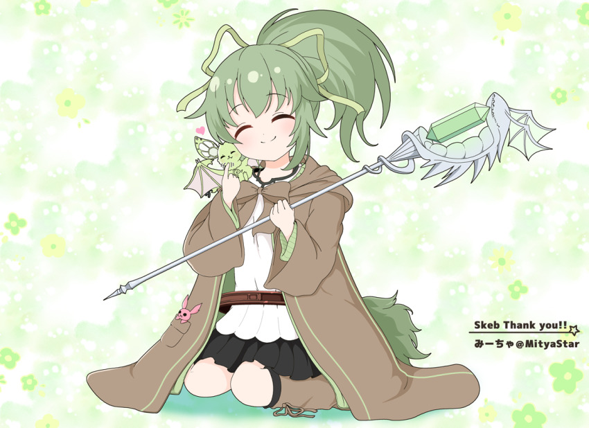 1girl ^_^ animal animal_on_shoulder black_skirt black_socks blush boots brown_footwear brown_robe closed_eyes closed_mouth commentary_request commission dragon facing_viewer floral_background full_body green_hair green_ribbon hair_ribbon heart holding holding_staff hood hood_down hooded_robe knee_boots kneehighs mitya open_clothes open_robe pleated_skirt ponytail ribbon robe shirt sitting skeb_commission skirt smile socks solo staff wariza white_shirt wynn_(yu-gi-oh!) wynn_the_wind_charmer yu-gi-oh!