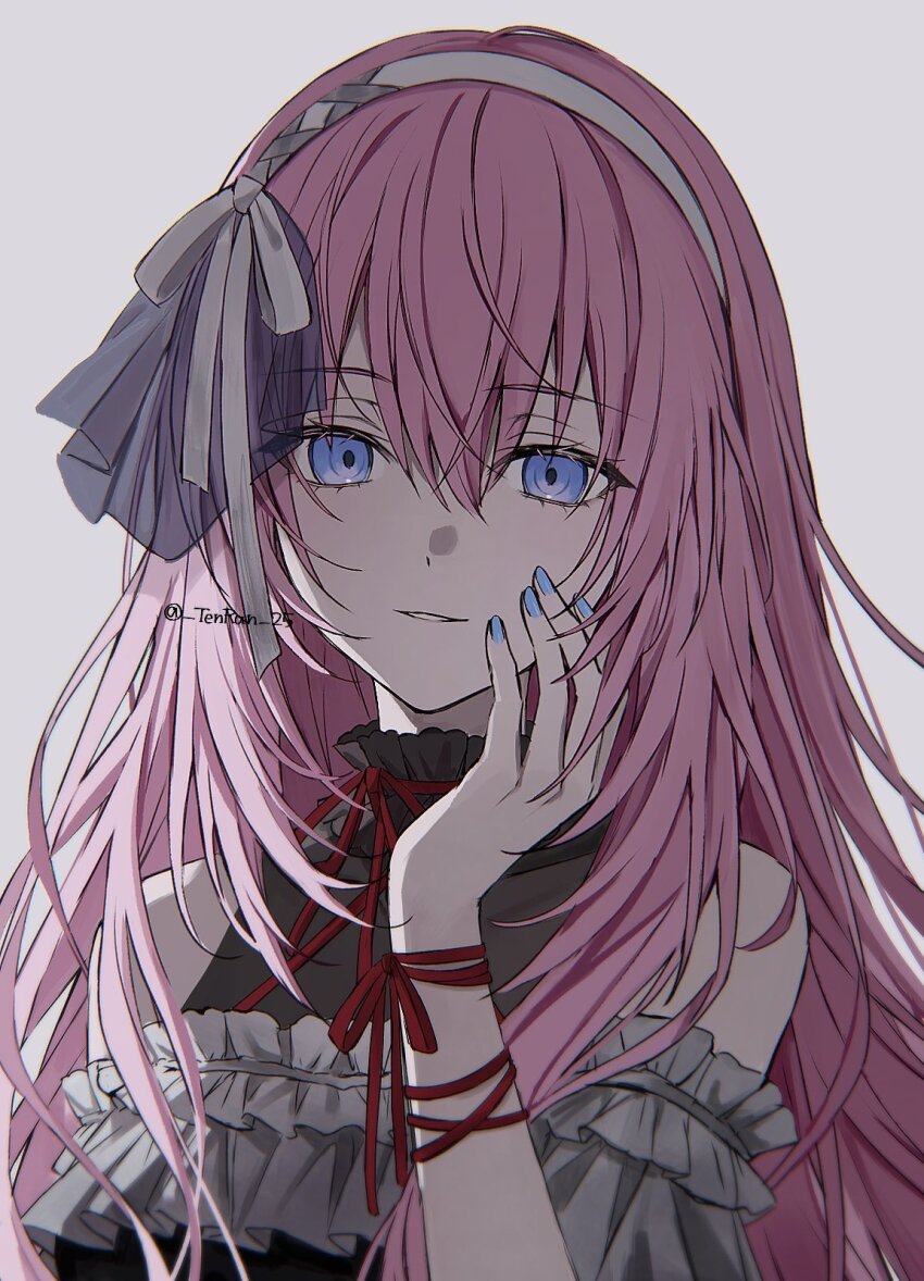 1girl 25-ji_luka bare_shoulders hair_between_eyes hair_ribbon highres long_hair looking_at_viewer megurine_luka nail_polish parted_lips pink_hair portrait project_sekai red_ribbon ribbon seina1211 simple_background smile solo twitter_username upper_body white_background white_ribbon wrist_ribbon