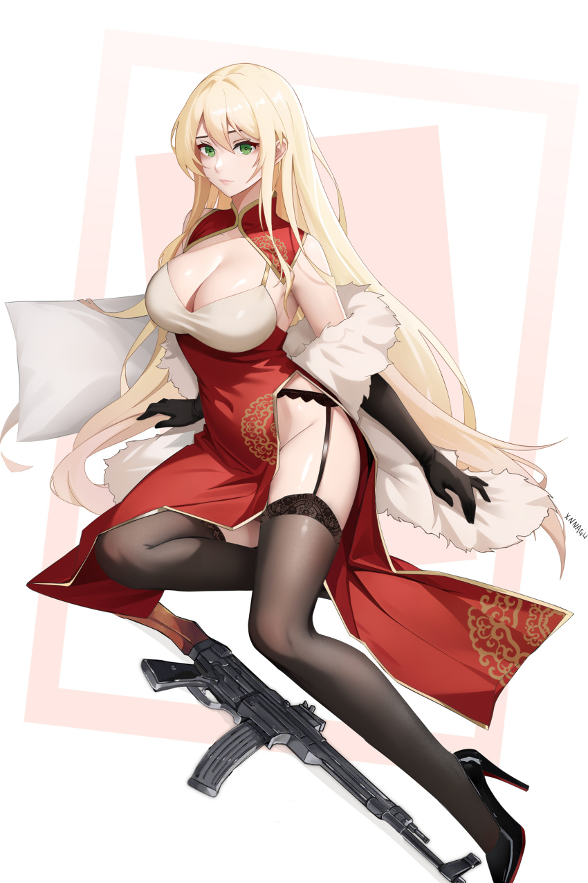 absurdres assault_rifle bare_shoulders black_gloves black_thighhighs blonde_hair breasts china_dress chinese_clothes cleavage dress elbow_gloves fur_shawl garter_straps girls&#039;_frontline gloves green_eyes groin gun high_heels highres large_breasts long_hair pelvic_curtain rifle shawl shiny_skin stg44 stg44_(girls&#039;_frontline) thighhighs thighs very_long_hair weapon xnnagu