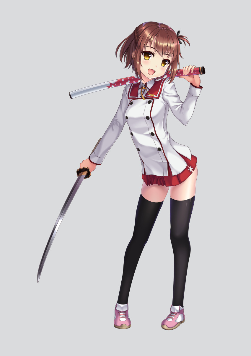 1girl :d absurdres black_thighhighs brown_hair brysinggamen commentary_request contrapposto etou_kanami full_body grey_background grey_hair highres holding holding_sheath holding_sword holding_weapon katana long_sleeves looking_at_viewer miniskirt minoseki_gakuin_uniform neck_ribbon one_side_up open_mouth orange_eyes orange_ribbon pink_footwear pleated_skirt red_sailor_collar red_skirt ribbon sailor_collar school_uniform sheath shirt shoes short_hair skirt smile solo standing sword thighhighs toji_no_miko unsheathed weapon white_shirt winter_uniform zettai_ryouiki