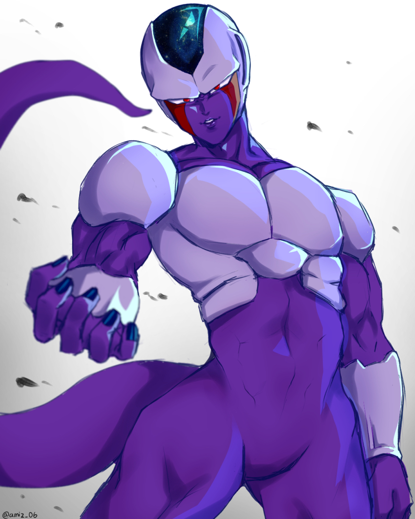 1boy amiz06 artist_name biceps black_nails colored_skin commentary cooler_(dragon_ball) cowboy_shot dragon_ball dragonball_z english_commentary fingernails highres looking_at_viewer male_focus muscular muscular_male outstretched_arm parted_lips pectorals purple_skin red_eyes simple_background smile solo tail twitter_username v-shaped_eyebrows vambraces white_background white_skin