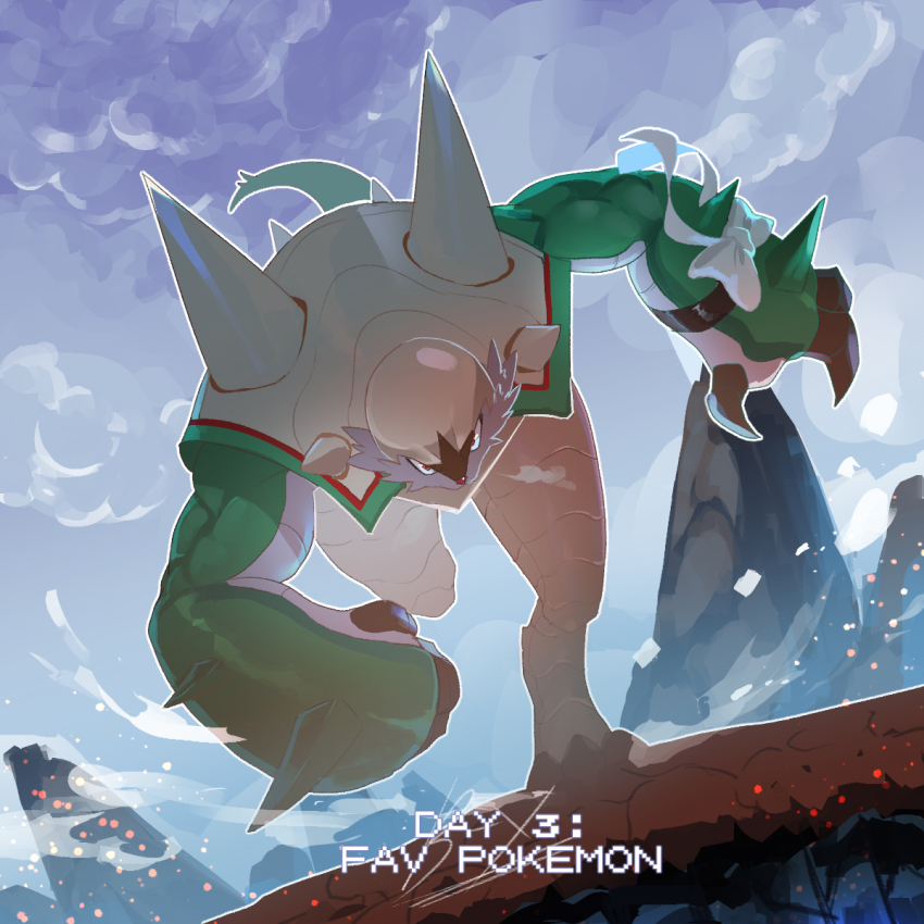 blue_sky charging_forward chesnaught creatures_(company) day game_freak gen_6_pokemon highres looking_at_viewer nintendo no_humans nyantcha outdoors pokemon pokemon_(creature) red_eyes running sky