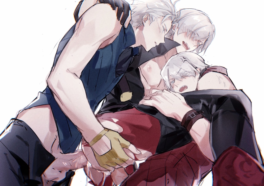 aged_down bishounen blush brothers dante_(devil_may_cry) devil_may_cry devil_may_cry_(series) devil_may_cry_4 double_penetration hair_over_one_eye highres incest male_focus male_penetrated male_penetration mature_male nero_(devil_may_cry) penis siblings sleeveless twincest twins uncle_and_nephew vergil_(devil_may_cry) white_hair yaoi