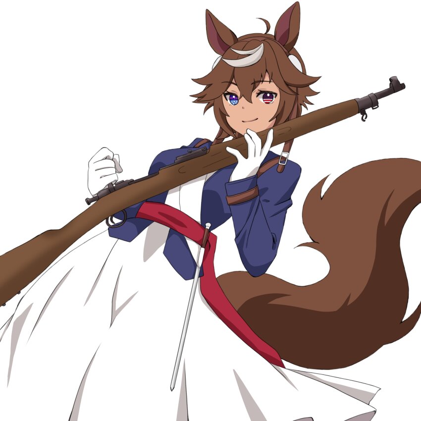 1girl absurdres ahoge animal_ears blue_eyes blue_jacket bolt_action brown_hair closed_mouth cosplay dark-skinned_female dark_skin dress gloves grey_hair gun heterochromia highres holding holding_gun holding_weapon horse_ears horse_girl horse_tail indie_virtual_youtuber jacket m1903_springfield mayoineko multicolored_hair open_clothes open_jacket red_eyes rifle second-party_source solo springfield_(girls&#039;_frontline) springfield_(girls&#039;_frontline)_(cosplay) star_(symbol) star_in_eye streaked_hair sword symbol_in_eye tail tomoe_umari virtual_youtuber weapon white_dress white_gloves