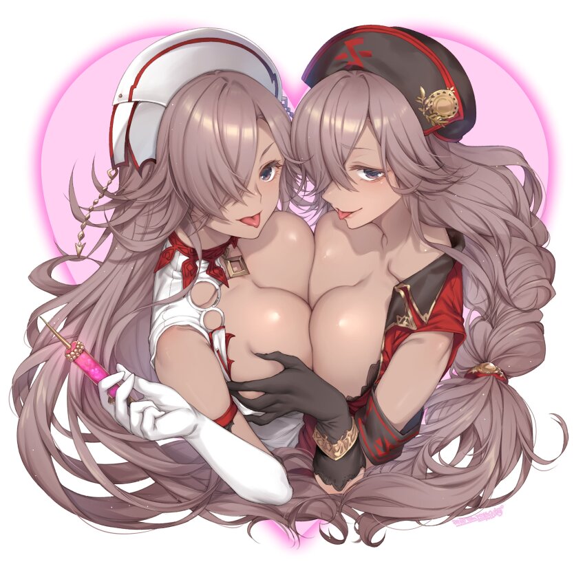 2girls absurdres black_gloves braid breasts breasts_squeezed_together choker cinderella_(sinoalice) collared_shirt commentary_request commission dark-skinned_female dark_skin dual_persona elbow_gloves gloves grabbing_another&#039;s_breast groping hair_over_one_eye hat heart heart_background highres holding holding_syringe looking_at_viewer multiple_girls nurse nurse_cap one_eye_covered open_clothes open_shirt parted_lips pink_hair purple_eyes second-party_source selfcest shirt simple_background single_braid sinoalice skeb_commission syringe teroru tongue tongue_out torn_clothes wavy_hair white_gloves yuri