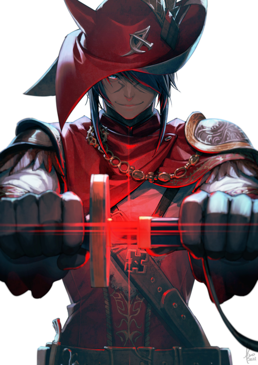 1boy absurdres armor belt black_gloves black_hair dark-skinned_male dark_skin dated facial_mark final_fantasy final_fantasy_xiv gloves glowing glowing_weapon grin hair_over_one_eye hat highres jacket kyo_(kuroichigo) looking_at_viewer male_focus miqo&#039;te pauldrons red_hat red_jacket red_mage_(final_fantasy) red_scarf scarf sheath shoulder_armor signature simple_background single_pauldron smile solo unsheathing upper_body weapon white_background