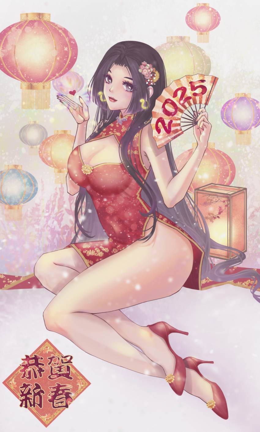 1girl 2025 boa_hancock breasts hand_fan happy_new_year large_breasts long_hair new_year one_piece