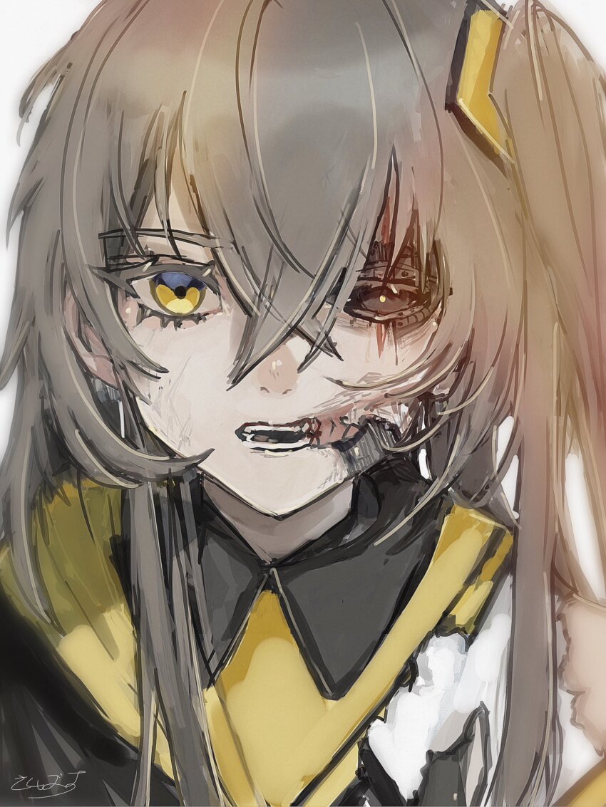 1girl anatomy android brown_hair close-up damaged girls&#039;_frontline hair_between_eyes hair_ornament highres jacket long_hair looking_at_viewer mechabare one_side_up open_mouth scar scar_on_face signature skbs teeth torn_clothes ump45_(girls&#039;_frontline) upper_body yellow_eyes