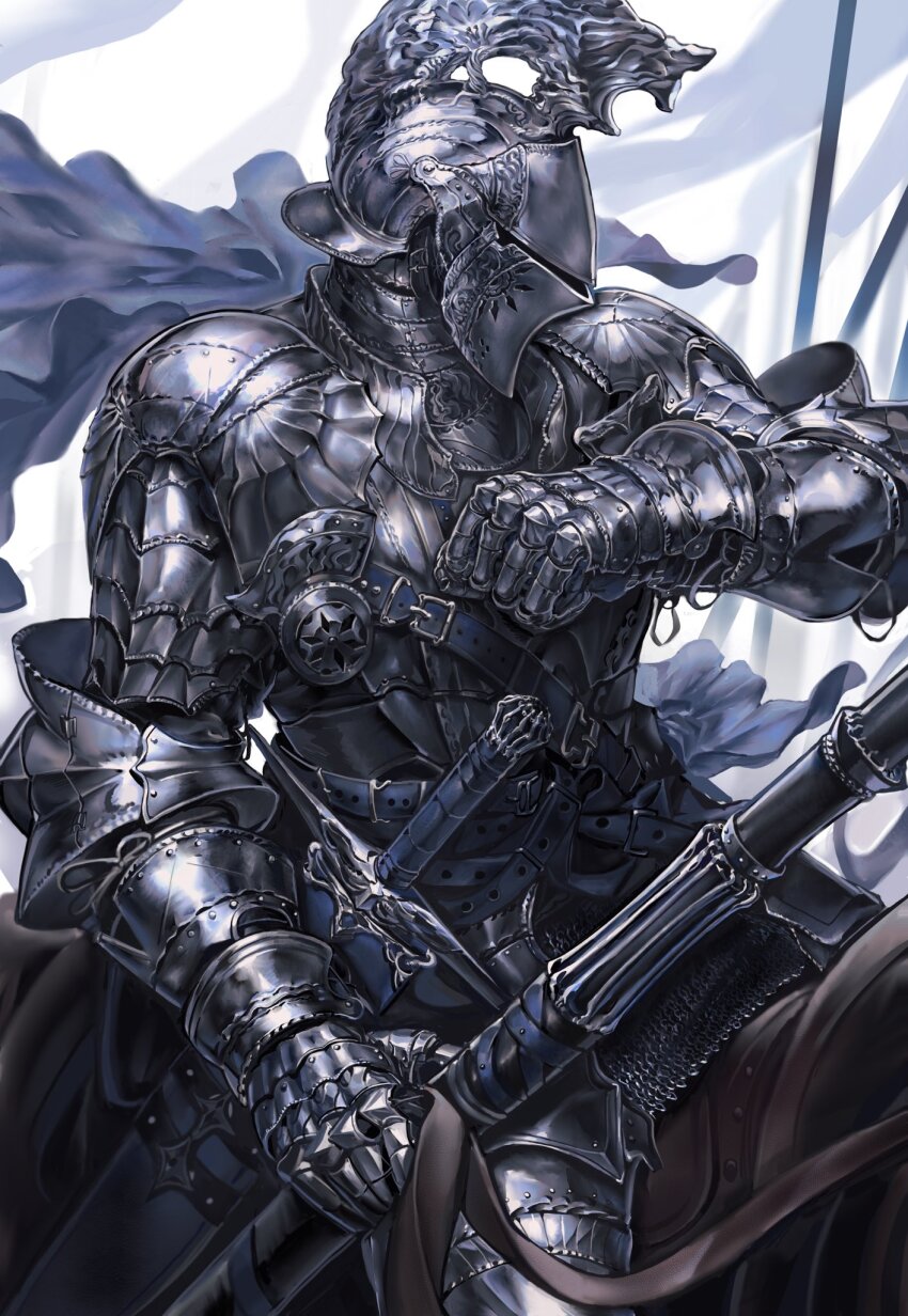 1other ambiguous_gender armor blue_cape cape full_armor gauntlets gorget helmet highres holding holding_weapon horseback_riding knight nameno92372763 original reins riding saddle sheath sheathed solo sword visor_(armor) weapon