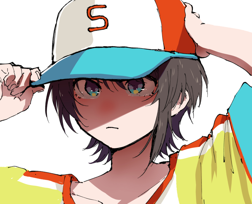 1girl adjusting_clothes adjusting_headwear baseball_cap blue_eyes brown_hair frown hat henriiku_(ahemaru) highres hololive multicolored_shirt oozora_subaru oozora_subaru_(1st_costume) shaded_face shirt short_hair solo virtual_youtuber white_background yellow_shirt