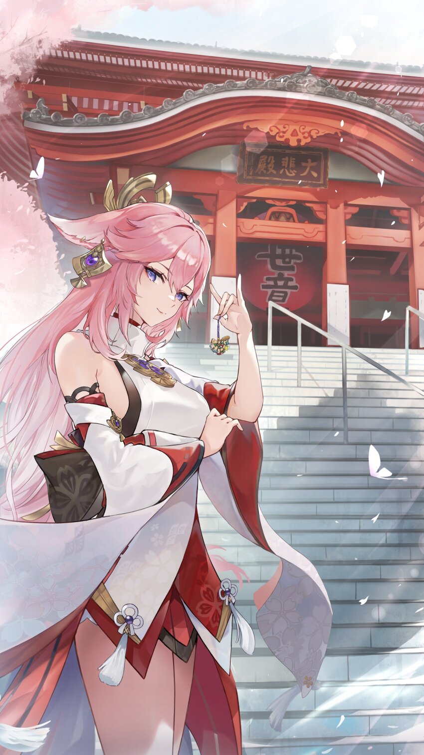 1girl absurdres animal_ears bare_shoulders cherry_blossoms closed_mouth detached_sleeves dress floppy_ears fox_ears fox_shadow_puppet genshin_impact hair_between_eyes highres holding long_hair long_sleeves looking_at_viewer marumoru outdoors pink_hair purple_eyes shrine smile solo standing vision_(genshin_impact) white_dress wide_sleeves yae_miko