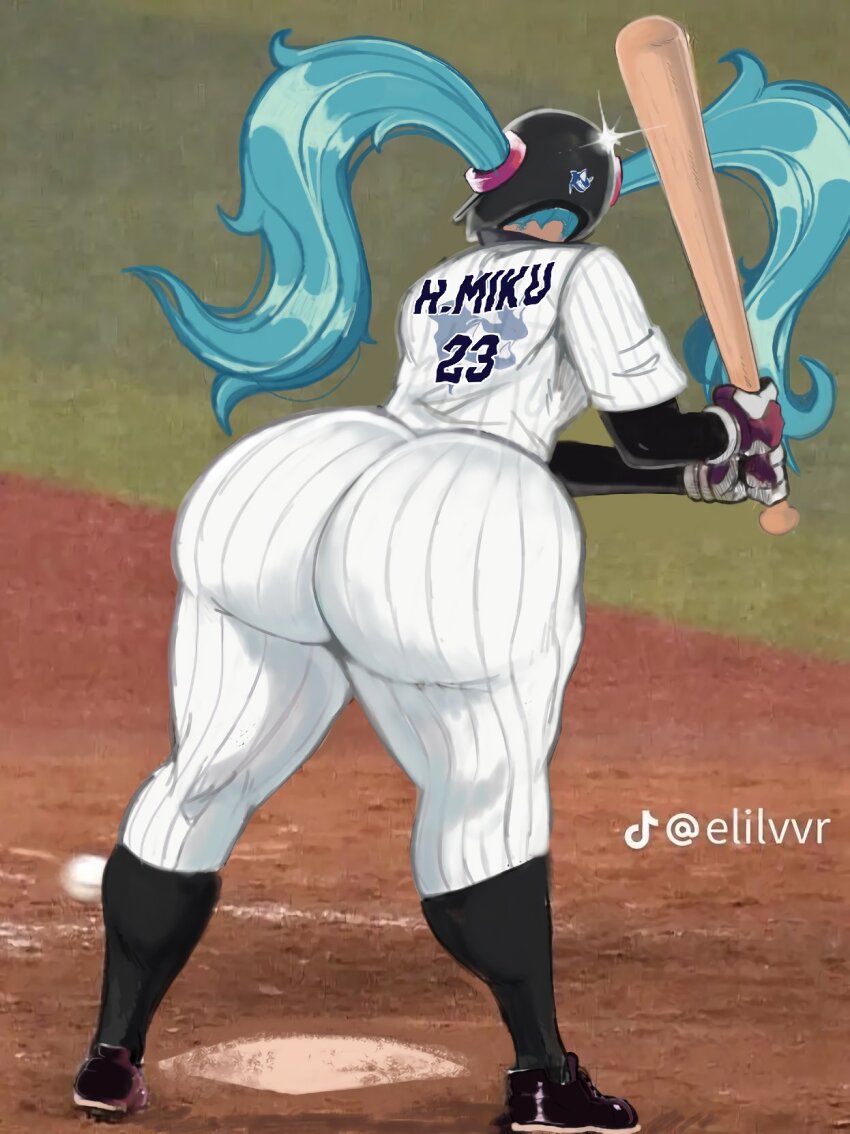 1girl ass baseball_bat baseball_glove baseball_uniform blue_hair blurry blurry_background clothes_writing grass hatsune_miku highres holding holding_weapon huge_ass leaning_forward mortalskeleton real_life sand shoes sparkle sportswear standing thick_thighs thigh_gap thighs twintails vocaloid weapon