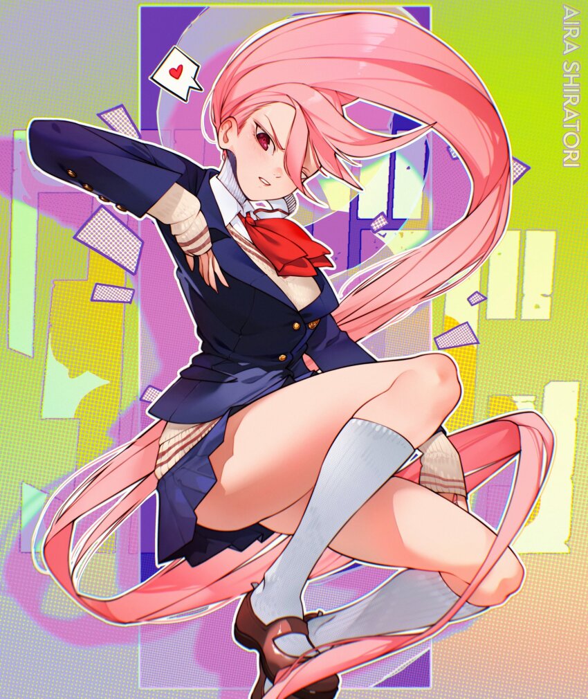 1girl absurdly_long_hair alternate_form alternate_hair_length alternate_hairstyle cesar_art456 collared_shirt dandadan full_body hair_between_eyes highres kneehighs long_hair long_sleeves looking_at_viewer pink_hair school_uniform shiratori_aira_(dandadan) shirt socks thighs very_long_hair