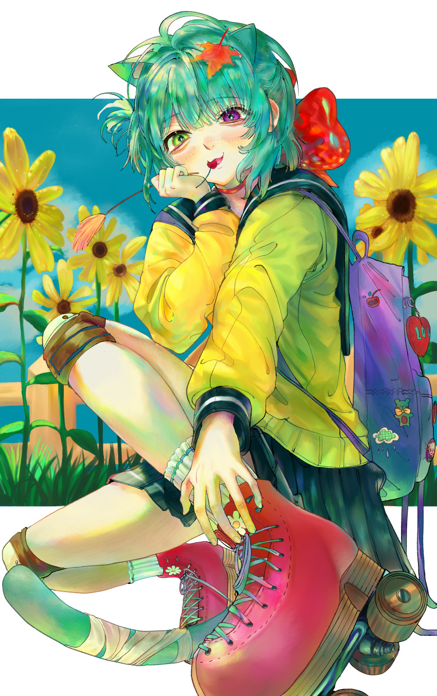 1girl absurdres animal_ears backpack bag cat cat_ears cat_girl cat_tail cherry commentary edera fang flower food fruit heart heterochromia highres letterboxed original roller_skates short_hair skates solo tail yellow_flower