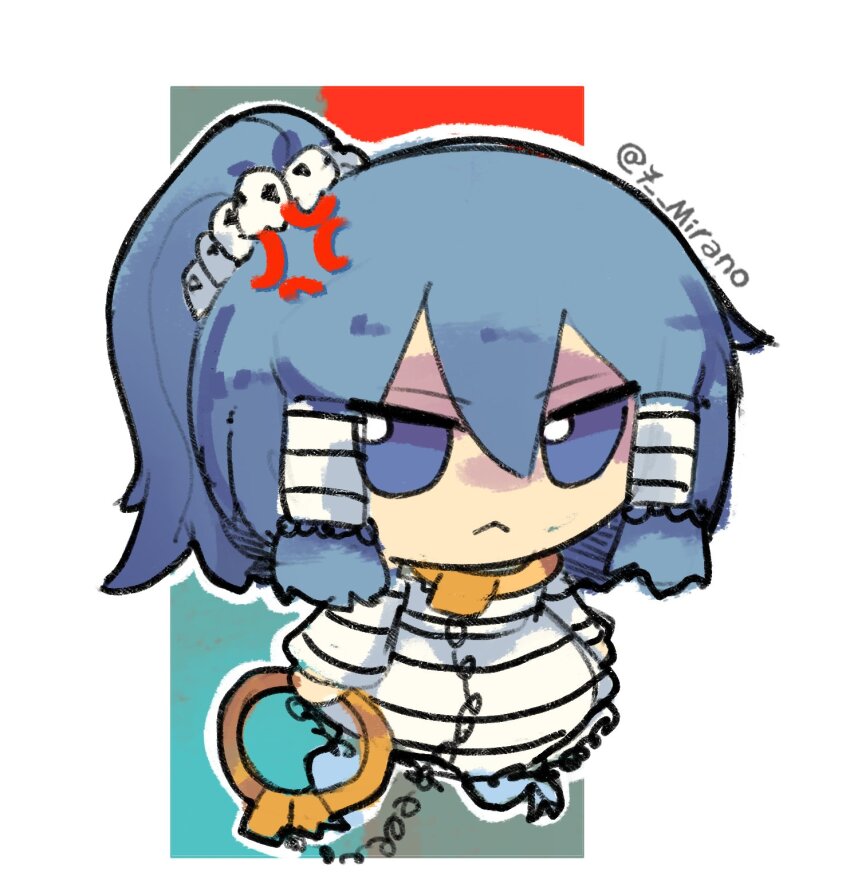 1girl 7-mirano :&lt; anger_vein angry blue_eyes blue_hair cuffs dress full_body fumo_(doll) ghost_tail hair_ornament hair_tubes handcuffs highres horizontal-striped_dress jitome long_hair long_sleeves miyadeguchi_mizuchi ponytail sidelocks skull_hair_ornament solo striped_clothes striped_dress touhou white_dress