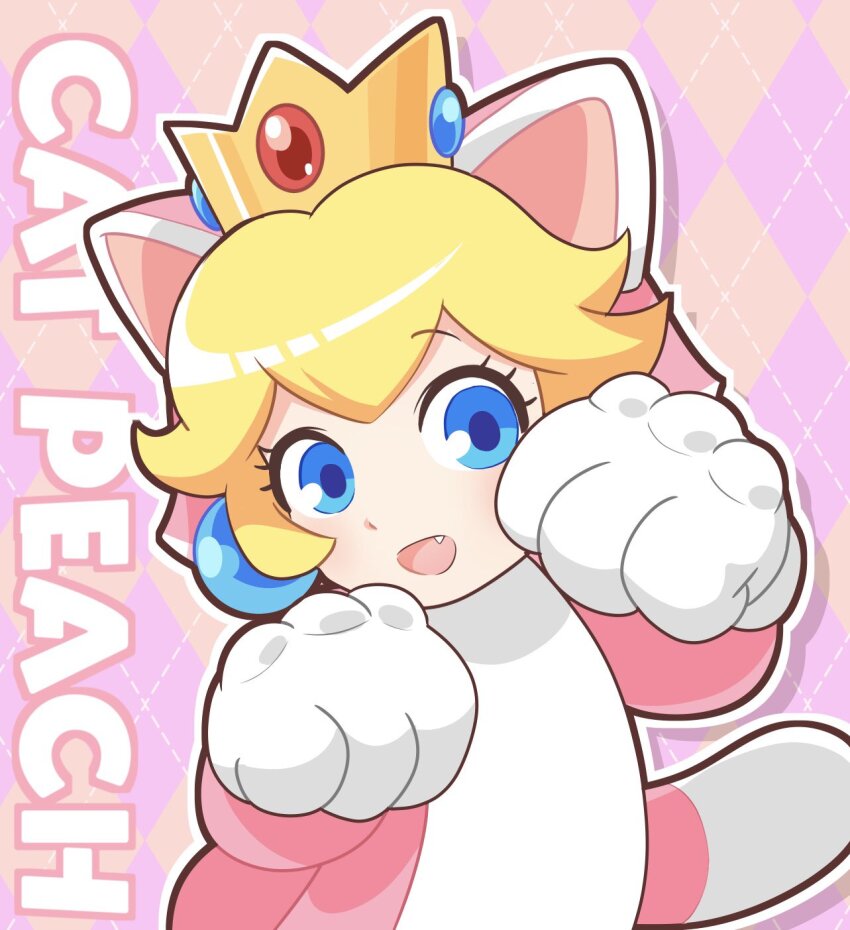 animal_costume blonde_hair blue_eyes cat_costume cat_peach cat_tail crown earrings english_text fang highres jewelry mario_(series) nintendo poyo_party princess_peach sphere_earrings super_mario_3d_world tail