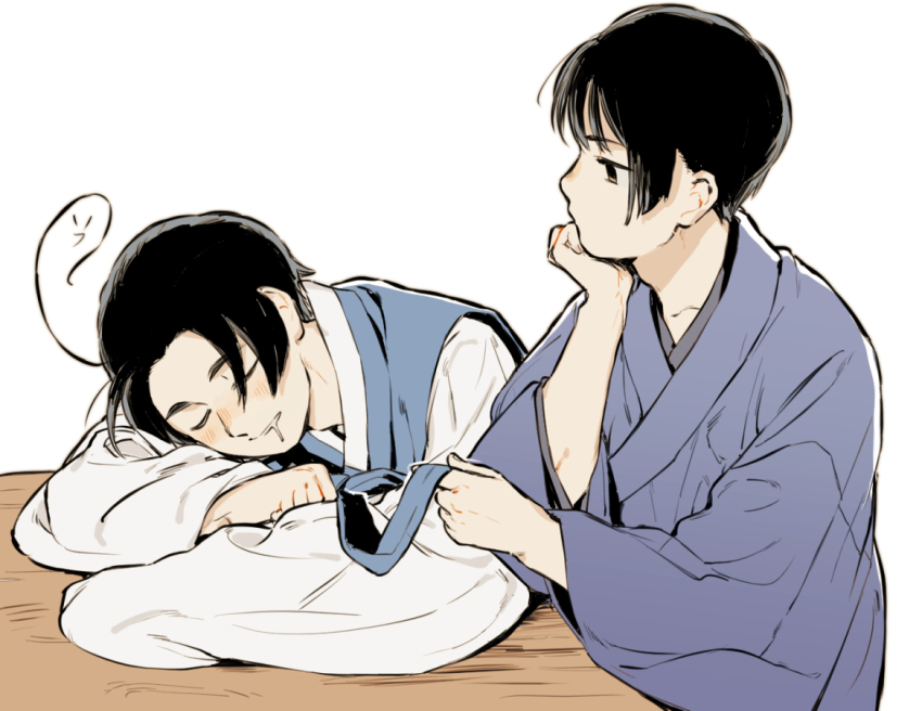 2boys ahoge axis_powers_hetalia black_hair drooling hanbok japan_(hetalia) japanese_clothes kimono korea_(hetalia) korean_clothes looking_at_another multiple_boys nanimonothing purple_kimono short_hair sleeping upper_body white_background