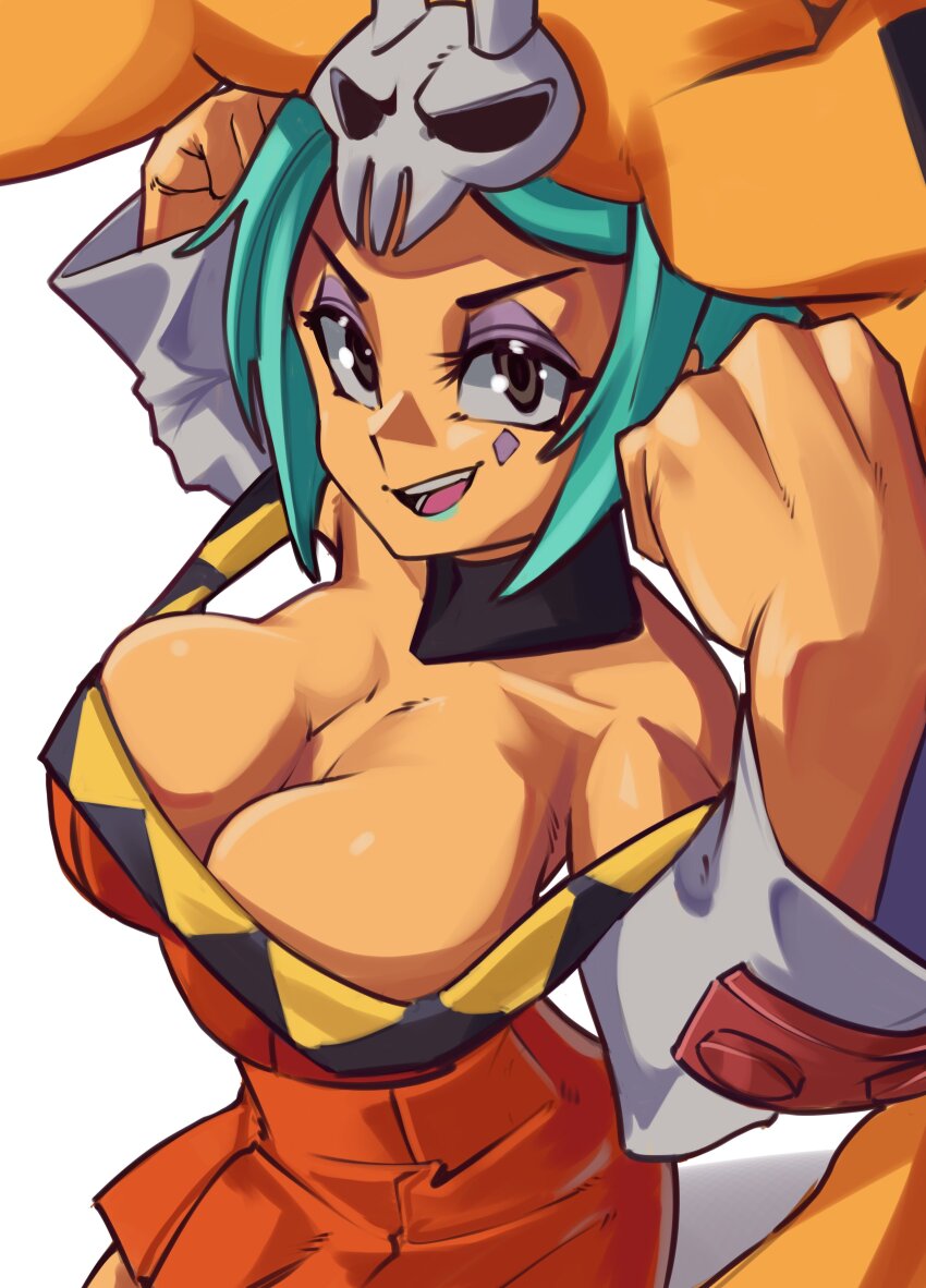 absurdres aqua_hair bare_shoulders breasts brown_eyes cerebella_(skullgirls) dark-skinned_female dark_skin detached_sleeves dress highres large_breasts lipstick makeup moxydraws open_mouth short_dress skullgirls smile vice-versa_(skullgirls) white_background