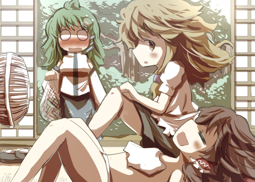 3girls black_hair blonde_hair blush clothes_lift electric_fan fanning_crotch fanning_self female_focus gaoo_(frpjx283) green_hair hakurei_reimu kirisame_marisa kochiya_sanae lying multiple_girls on_back panties sitting skirt skirt_lift touhou towel underwear yellow_eyes