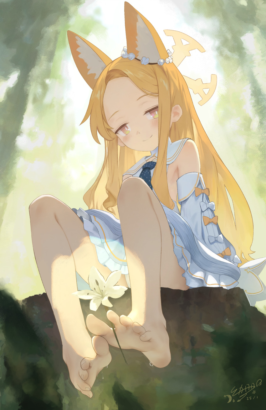 1girl animal_ears barefoot between_toes blonde_hair blue_archive blush feet flower highres long_hair looking_at_viewer seia_(blue_archive) smile soles toes yellow_eyes youyueyue