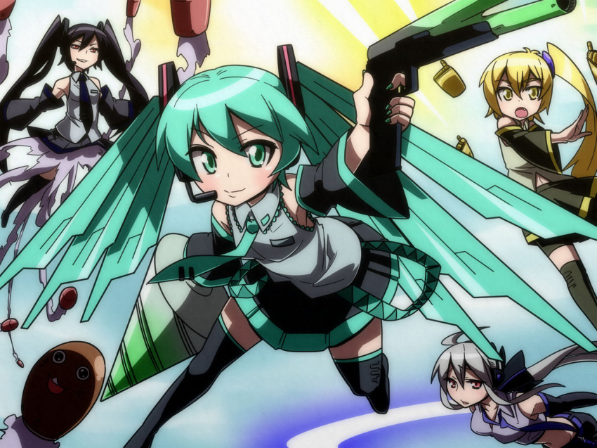 4girls akita_neru aqua_eyes aqua_hair black_hair blonde_hair cellphone detached_sleeves drill gun hatsune_miku hatsune_miku_no_bousou_(vocaloid) headphones headset jeno long_hair missile multiple_girls necktie phone ponytail red_eyes side_ponytail silver_hair skirt smile thighhighs twintails very_long_hair vocaloid weapon yellow_eyes yowane_haku zatsune_miku zettai_ryouiki