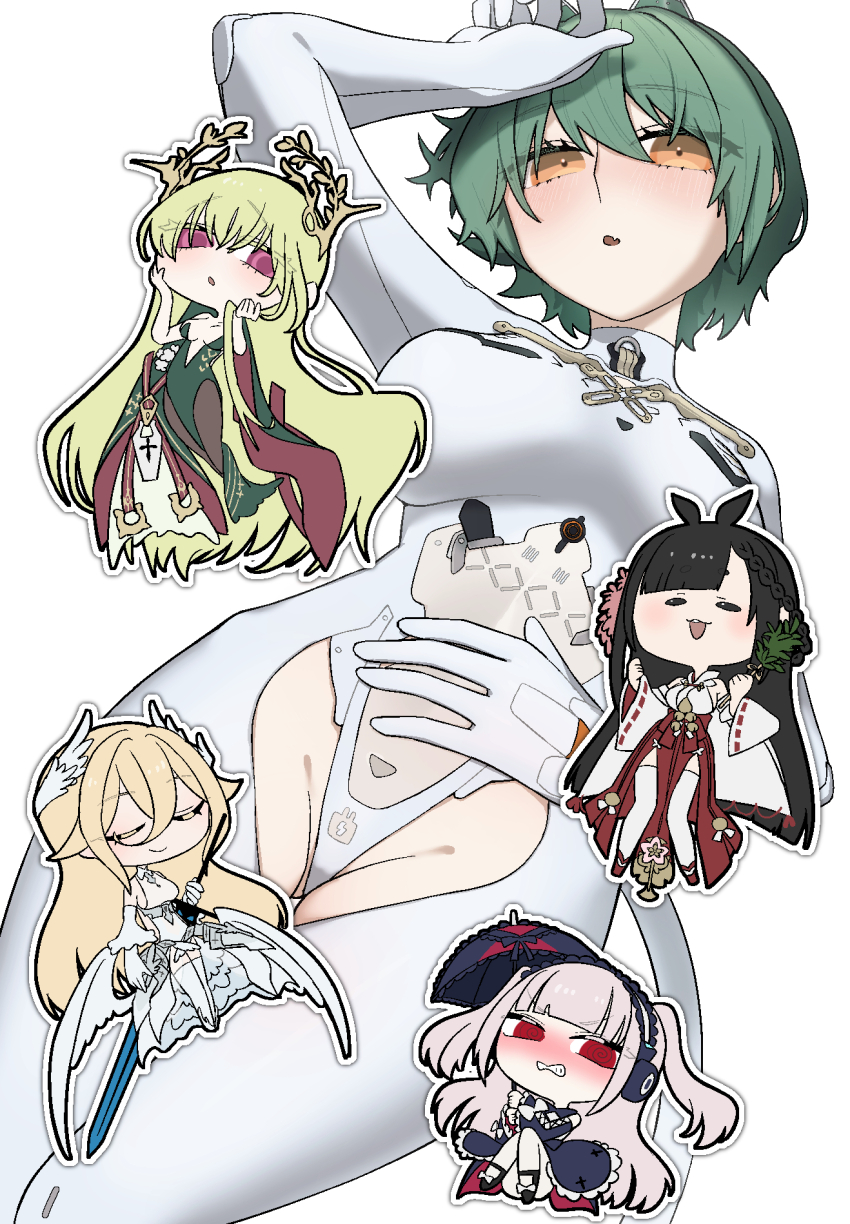 5girls @_@ admiral_nakhimov_(azur_lane) animal_ears azur_lane bayard_(azur_lane) black_hair blonde_hair blush bodysuit chibi daisen_(azur_lane) fang frilled_hairband frills gluteal_fold gothic_lolita green_hair groin hairband halford_(azur_lane) highres holding holding_umbrella horse_ears horse_girl japanese_clothes lolita_fashion long_hair looking_at_viewer mitsubasizu multiple_girls napoli_(azur_lane) nontraditional_miko orange_eyes parasol red_eyes short_hair simple_background skin_fang two_side_up umbrella very_long_hair white_background white_bodysuit white_hair