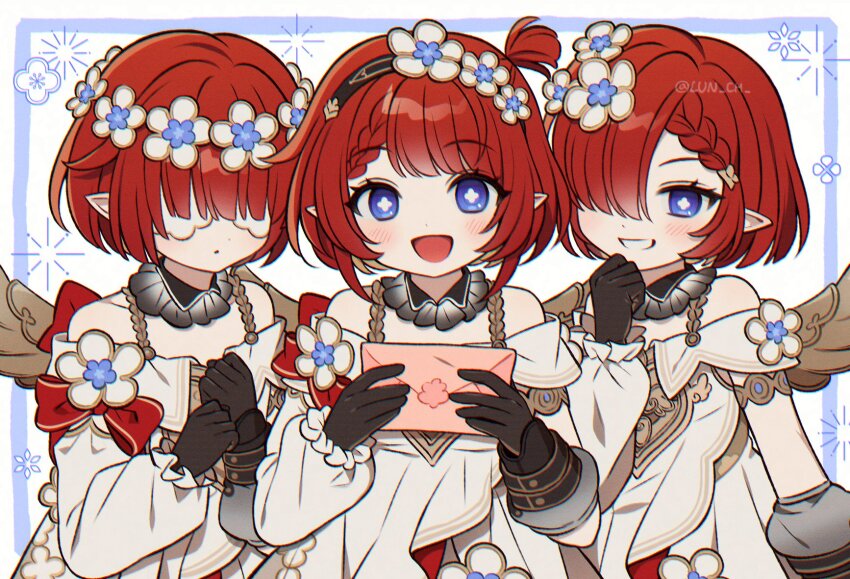 3girls :d black_gloves blue_eyes braid clunch commentary cross-shaped_pupils envelope flower gloves grin hair_flower hair_ornament hashtag-only_commentary highres holding holding_envelope honkai:_star_rail honkai_(series) long_sleeves looking_at_viewer multiple_girls off_shoulder open_mouth pointy_ears puffy_long_sleeves puffy_sleeves red_hair short_hair smile symbol-shaped_pupils teeth tribbie_(honkai:_star_rail)