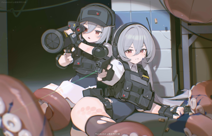 2girls absurdres bilibili_xiaolu black_hat blue_leotard brown_thighhighs clenched_teeth covered_navel fingerless_gloves gloves grey_hair gun handgun hat headset highres holding holding_gun holding_weapon laser_sight leotard multiple_girls original pantyhose red_eyes rocket_launcher teeth tentacles thighhighs torn_clothes torn_thighhighs weapon white_pantyhose