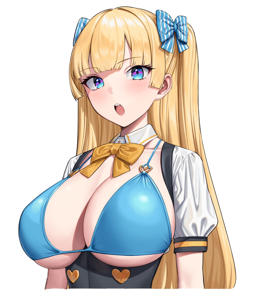 1girl bikini bikini_top_only blonde_hair blue_bikini blue_bow blue_eyes blush bow bowtie breastless_clothes breasts cleavage commentary_request hair_bow hair_intakes highres large_breasts lina_(michihasu) long_hair looking_at_viewer michihasu open_mouth orange_bow orange_bowtie original short_sleeves simple_background solo striped_bow swimsuit teeth two_side_up upper_teeth_only vertical-striped_bow white_background