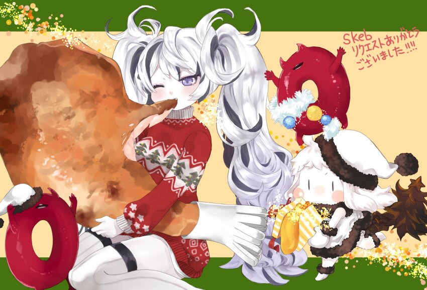 2girls abyssal_ship blush christmas christmas_present christmas_sweater commission eating enemy_lifebuoy_(kancolle) escort_water_princess food gift hat highres kantai_collection kobone mittens multicolored_hair multiple_girls northern_ocean_princess oversized_food oversized_object pale_skin purple_eyes santa_hat turkey_(food) turkey_leg twintails white_hair