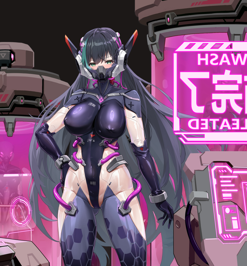 1girl absurdres ahoge arm_at_side black_hair blue_bodysuit blue_gloves blush bodysuit breasts chinese_commentary commentary_request covered_mouth covered_navel cowboy_shot crossed_bangs elbow_gloves gloves gluteal_fold green_eyes green_hair hair_between_eyes hand_on_own_hip headgear highres holographic_interface large_breasts lazgear lin_(tower_of_fantasy) long_hair looking_at_viewer mask mole mole_under_eye multicolored_bodysuit multicolored_clothes multicolored_hair respirator shiny_clothes skin_tight solo_focus standing streaked_hair tank_(container) tower_of_fantasy tube two-tone_hair very_long_hair white_bodysuit