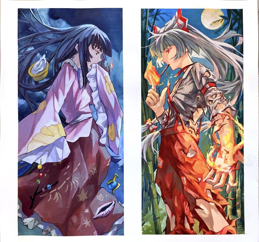 2girls absurdres black_hair branch burnt_clothes fire fujiwara_no_mokou full_moon highres hime_cut houraisan_kaguya jeweled_branch_of_hourai long_hair long_sleeves moon multiple_girls pants pink_shirt red_pants red_skirt shirt skirt smoking suspenders touhou uten_kkk white_hair white_shirt wide_sleeves