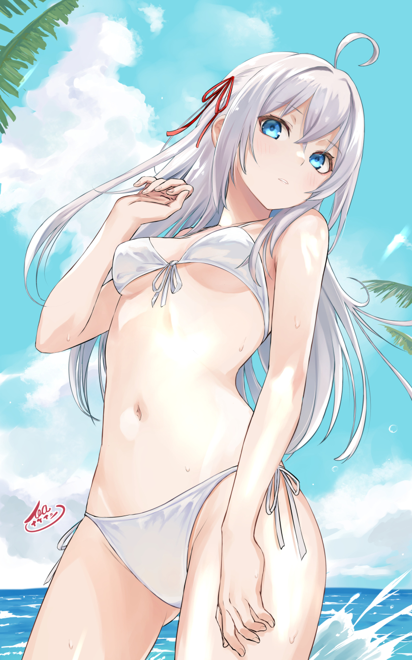 1girl absurdres ahoge alisa_mikhailovna_kujou bare_shoulders bikini blue_eyes blue_sky blush breasts closed_mouth cloud cloudy_sky cowboy_shot crossed_bangs day front-tie_bikini_top front-tie_top hair_between_eyes hair_ribbon highres long_hair looking_at_viewer navel ocean outdoors red_ribbon ribbon side-tie_bikini_bottom sky solo standing sweat swimsuit tea_(nakenashi) tokidoki_bosotto_roshia-go_de_dereru_tonari_no_alya-san tree underboob water white_bikini