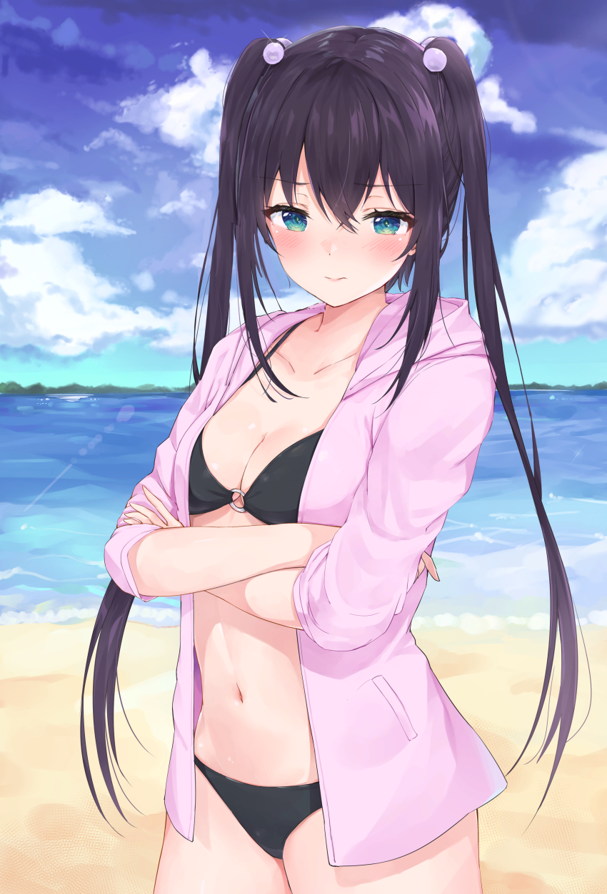 1girl absurdres aqua_eyes beach bikini black_bikini black_hair blue_sky blush breasts cleavage closed_mouth cloud cloudy_sky collarbone commentary_request cowboy_shot crossed_arms day frown glint hair_between_eyes hair_bobbles hair_ornament highres hood hood_down hooded_jacket jacket long_hair long_sleeves looking_at_viewer navel o-ring o-ring_bikini ocean open_clothes open_jacket original outdoors pink_jacket racchi. sand sky small_breasts solo standing stomach swimsuit thighs twintails very_long_hair water