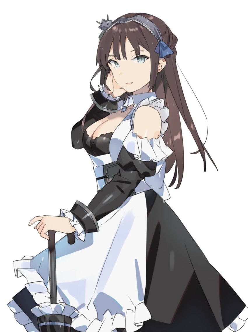 1girl apron azur_lane bare_shoulders blue_eyes blush breasts brown_hair cleavage dress female_focus frills hair_between_eyes highres juliet_sleeves long_hair long_sleeves looking_at_viewer medium_breasts newcastle_(azur_lane) open_mouth puffy_sleeves shirotae_moyashi simple_background smile solo white_background