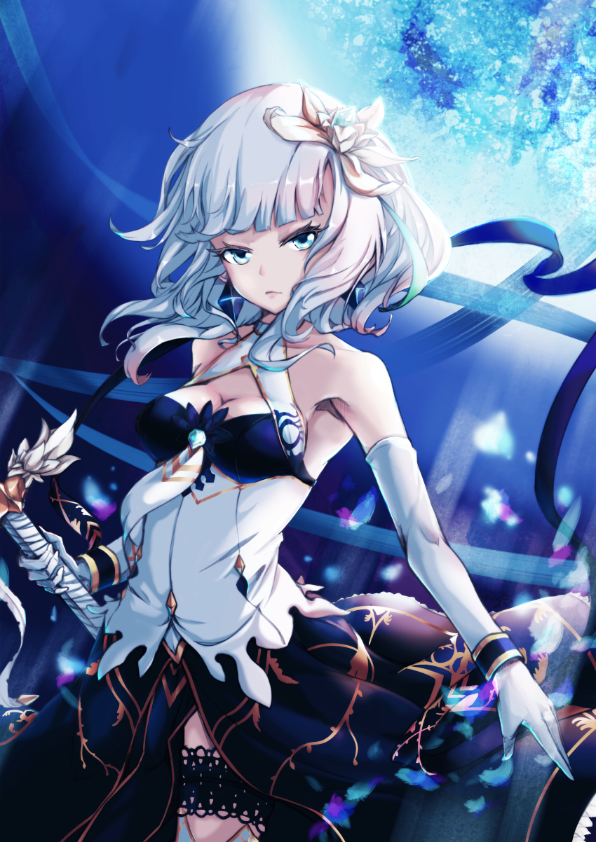 1girl absurdres bare_shoulders blue_background blue_eyes breasts cleavage_cutout clothing_cutout dincat elbow_gloves female_focus flower gloves hair_flower hair_ornament highres looking_at_viewer medium_breasts moon sdorica shion_(sdorica) short_hair silver_hair sione_aldric solo standing sword thigh_strap weapon white_gloves