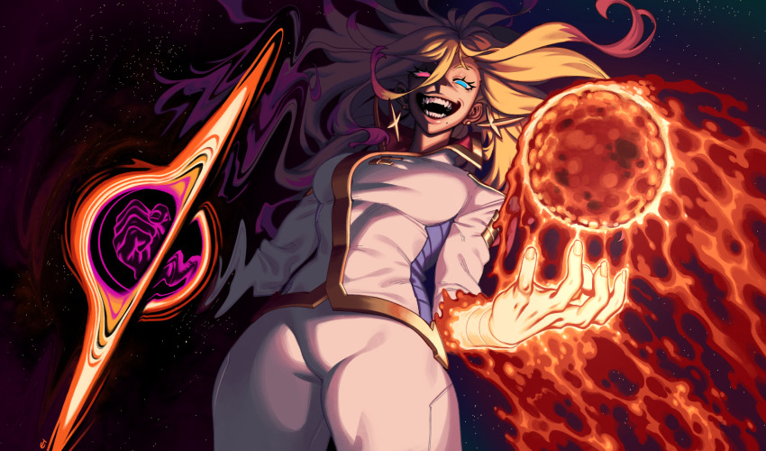 1girl black_hole blonde_hair commentary earrings eigaka english_commentary fire highres jewelry long_hair mole mole_under_mouth open_mouth original solo space star_(sky) stud_earrings sun