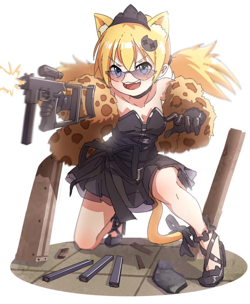 1girl 9x19mm_parabellum ammunition animal_ears black_choker black_dress black_footwear black_gloves black_ribbon blonde_hair blue_eyes bullet bushman_ltd. cat_ears cat_tail choker collarbone dress elbow_gloves firing girls&#039;_frontline glasses gloves gun hair_ornament handgun handgun_cartridge highres idw_(cat_in_the_box)_(girls&#039;_frontline) idw_(girls&#039;_frontline) kuro_kosyou long_hair machine_gun machine_pistol magazine_(weapon) official_alternate_costume open_mouth parker-hale parker-hale_idw parker-hale_pdw personal_defense_weapon pistol pistol_cartridge prototype_design rheinlander_instruments_corp. ribbon shoes smile solo strapless strapless_dress submachine_gun tail tail_ornament tail_ribbon tiara twintails weapon