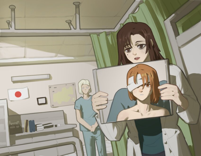 3girls bandage_over_one_eye bed black_pants blue_pants blue_shirt book brown_eyes brown_hair character_request curtains doctor highres hospital_bed ieiri_shoko japanese_flag jujutsu_kaisen kugisaki_nobara lab_coat long_hair map metal_gear_(series) metal_gear_solid_v:_the_phantom_pain mirror mole mole_under_eye multiple_girls pacpoi pants shirt short_hair white_hair